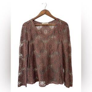 Women’s Solitaire Sheer Mesh Lace Top cottagecore Dusty Pink Long Sleeve Size L